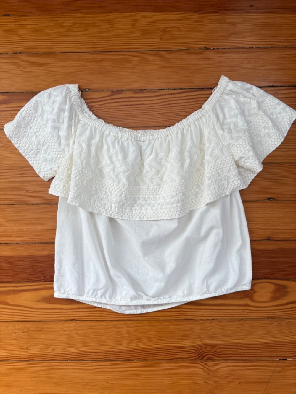 Lucky Brand Embroidered Off the Shoulder Bubble Hem Crop Top